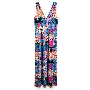 Nicole Miller‎ Y2K Babydoll Maxi Dress Medium Abstract Multicolor Tropical Fairy